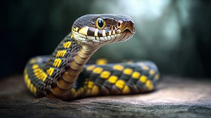 Obraz premium snake with high detailed head in black and yellow skin with curved body over green blurred background 