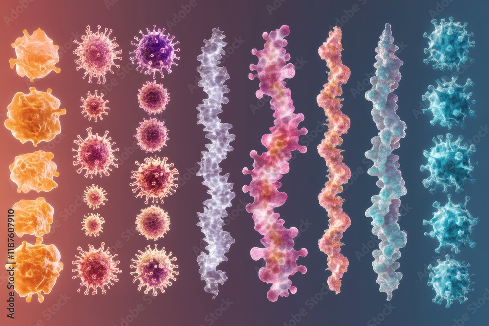 Poster virus forms showcasing progression from simple structures to complex configurations in various color