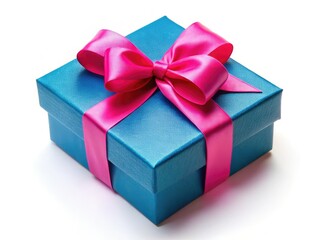 Obraz premium Gift Box, Blue, Pink Bow, White Background, Copy Space