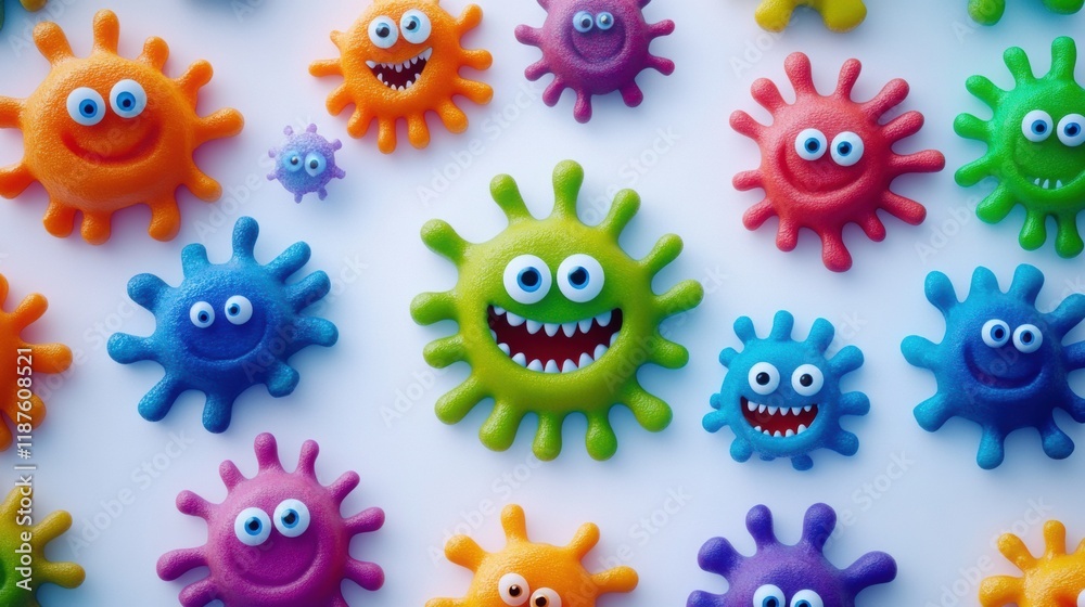 Aufkleber Bright and cheerful microbes with eyes and smiles create a fun and lively atmosphere in a colorful setting. Generative AI