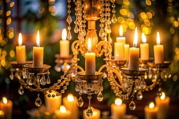 Glowing Chandelier Night Photography, Warm Background, Elegant Candles