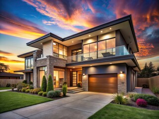Obraz premium Modern Family Home Sunset Architectural Photography: Peaceful Neighborhood Design