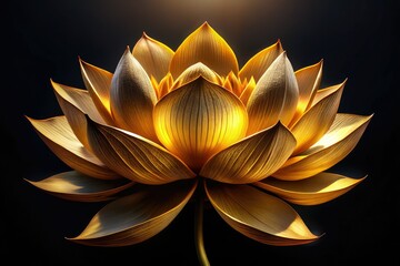 Golden Lotus Flower, Black Background AI Art, Copy Space
