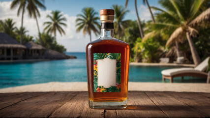 Tropical Rum Bottle Mockup on Wooden Deck.  Perfect for summer drink promotions. Blank label for customization.