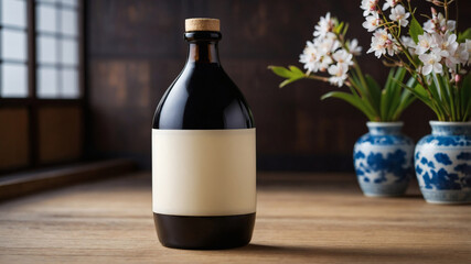 Dark glass bottle with blank label on wooden table, beside vases of white flowers. Perfect for product display or branding.
