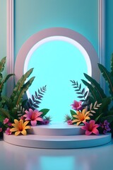 geometric podium platform and plants and flowers. mock up stand for a produc