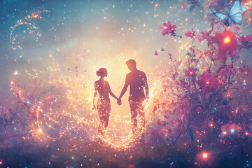 The quintessence of love, the space art of a couple in love who have come together