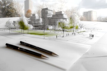 Obraz premium Urban planning, sketch of sustainable design, emphasizing green spaces, walkable zones, eco-friendly features for modern, efficient city layout.