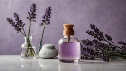 Lavender-infused perfume bottle and sprigs of lavender on a marble surface. Purple background. Aromatherapy, spa, relaxation.