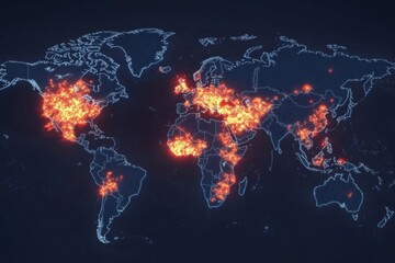 Global viral spread map highlighting zones of infection across continents and regions. Generative AI