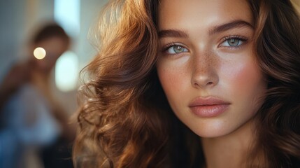 Close-up of wavy hair with highlights and stylist in salon