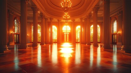 Obraz premium Grand hall illuminated by sunset glow.