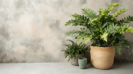 Lush Green Plants in Stylish Pots Against Textured Wall