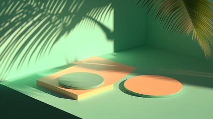 Obraz premium Minimalist Green And Orange Display Platforms With Palm Shadow