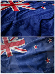 Fototapeta premium collage of two waving colorful flag of new zealand on the dollar money background. finance concept.