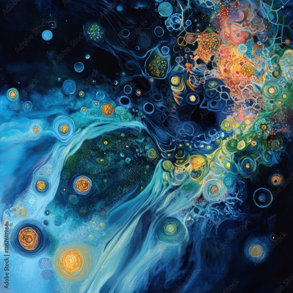 Poster swirling bacteria and microbes in vibrant colors moving through liquid environment. generative ai