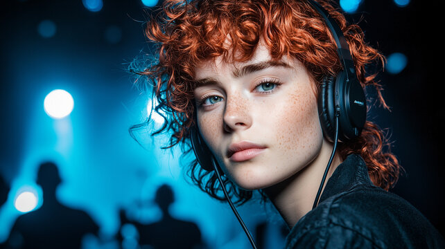  illustration portrait of beautiful ginger curly haired woman in headphones looking at camera
