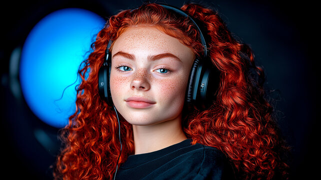  illustration portrait of beautiful ginger curly haired woman in headphones looking at camera
