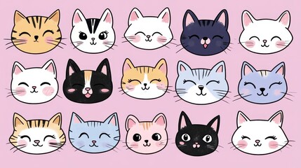 Cute cartoon cat faces with various expressions on pink background