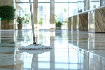 Pristine marble floor with modern mop in sunlit hallway