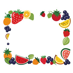 Colorful fruits border frame white background