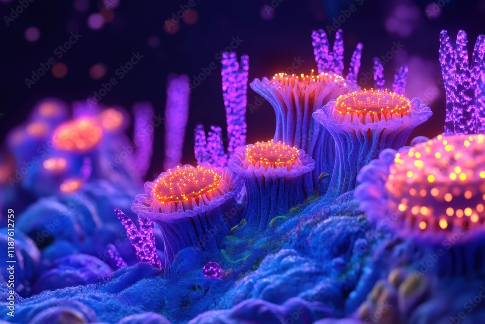 Poster vibrant microscopic landscape featuring glowing viruses amid colorful structures. generative ai