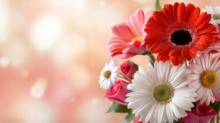 A close-up of mixed Valentine's Day flowers with vibrant petals, including red roses and daisies.