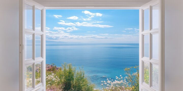 Beautiful coastal view from an open window with clear blue skies and tranquil waters during daylight