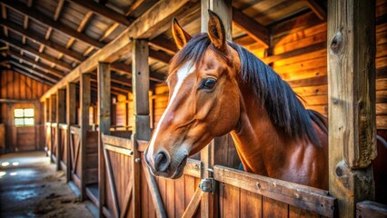 Portrait of a Majestic Horse in Stable - Close-Up Photography of Equine Beauty, Natural Light, Rustic Barn, Animal Portrait, Calm Atmosphere, Horse Care, Equine Photography