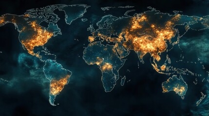 Global map showing highlighted zones of viral spread across various continents indicating outbreak severity and infection hotspots. Generative AI