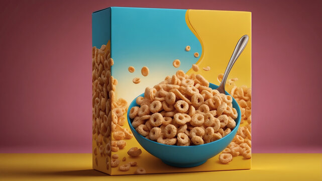 Crispy cereal rings overflowing from a blue bowl and box.  A delicious and crunchy breakfast!