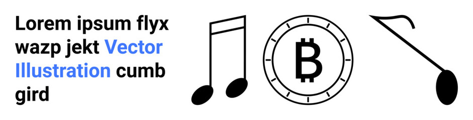 Stylized musical notes and Bitcoin symbol with placeholder text. Ideal for cryptocurrency, music industry, financial technology, digital art, modern graphics, economy, web design. Landing page