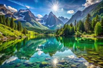 Serene Summer Mountain Lake: Stunning Photography, Crystal Clear Water, Majestic Peaks, Peaceful Scenery,  Alpine Lake, Nature Photography, Summer Vacation