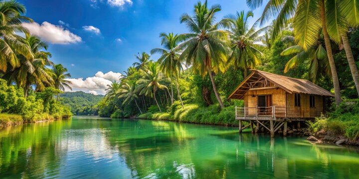 Serene Tropical Hut on Loboc River Surrounded by Lush Palm Trees - A Paradise in Bohol, Philippines for Travel and Nature Photography