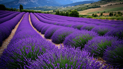 Obraz premium Vibrant lavender fields cascade over rolling hills under a clear sky, a stunning display of nature's beauty and tranquility. 