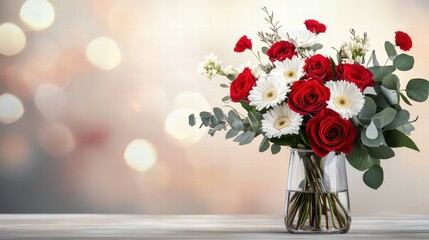 Fototapeta premium A large, luxurious Valentine's bouquet featuring red roses, white daisies, and eucalyptus in a glass vase.