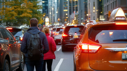 Busy city street during rush hour with cars and pedestrians