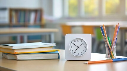 White clock with books and pencils on school desk in sunlit classroom
