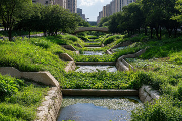Biomimicry, A detailed illustration of a city's drainage system designed to emulate a natural self-cleaning process.
