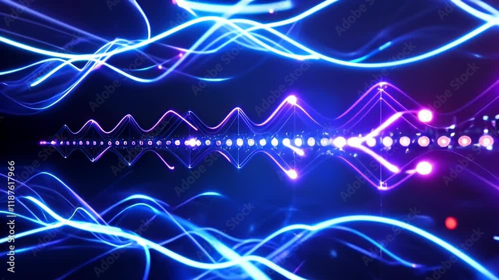 Poster pulsating digital waves and neon signal patterns create glowing dots and dynamic pathways, evoking v