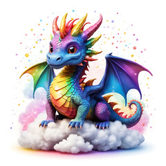 Fototapeta premium Rainbow Glow Baby Dragon on a Cloud