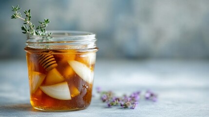 Fototapeta premium Homemade honey fermented garlic with thyme in a glass jar