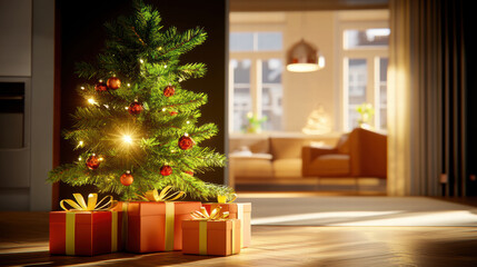 decorated Christmas tree with wrapped gifts underneath in cozy living room