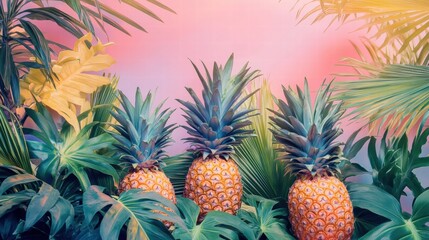 Bountiful pineapples nestled among vibrant palm trees and lush tropical greenery in a vivid sunset backdrop. Generative AI