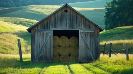 Obraz premium Weathered barn with open doors revealing hay bales in a serene countryside setting during golden hour. Generative AI