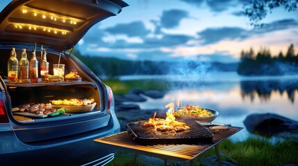Obraz premium A unique BBQ gathering by a lakeside, with a car trunk open as a mini bar, and food sizzling on the grill nearby.