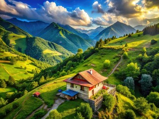 Karachay-Cherkessia Mountain View - Small House & Green Hills - AI Photography