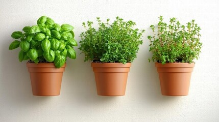 Fototapeta premium A vertical herb garden with hanging planters of basil, thyme, and parsley on a sunny patio wall, perfect for home chefs.