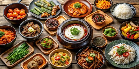 Fototapeta premium Korean Food on Dining Table - Vibrant & Delicious Dishes, Appetizing Still Life, Authentic Korean Cuisine