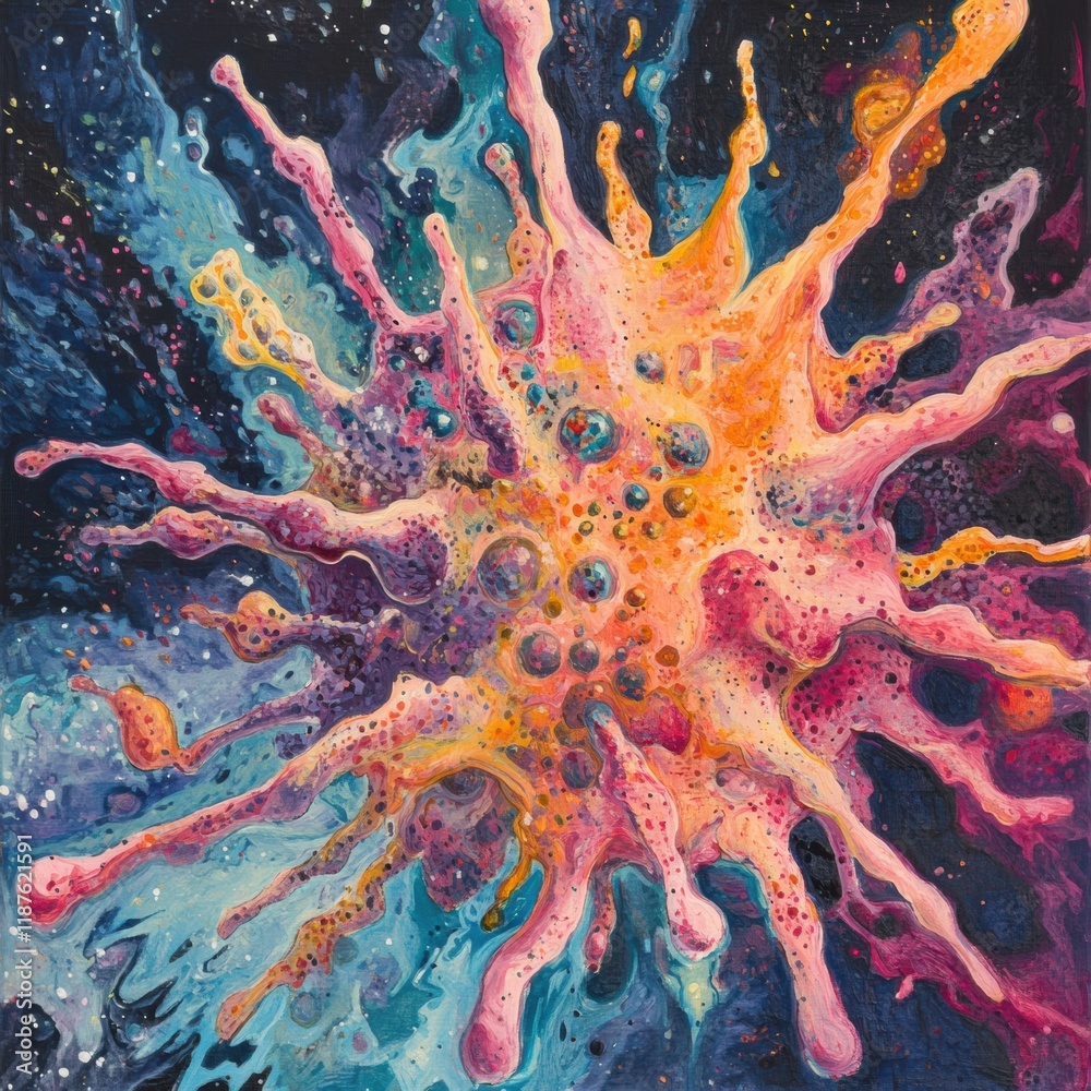Poster virus transformation showcasing vibrant mutations with colorful patterns in a dynamic microscopic en
